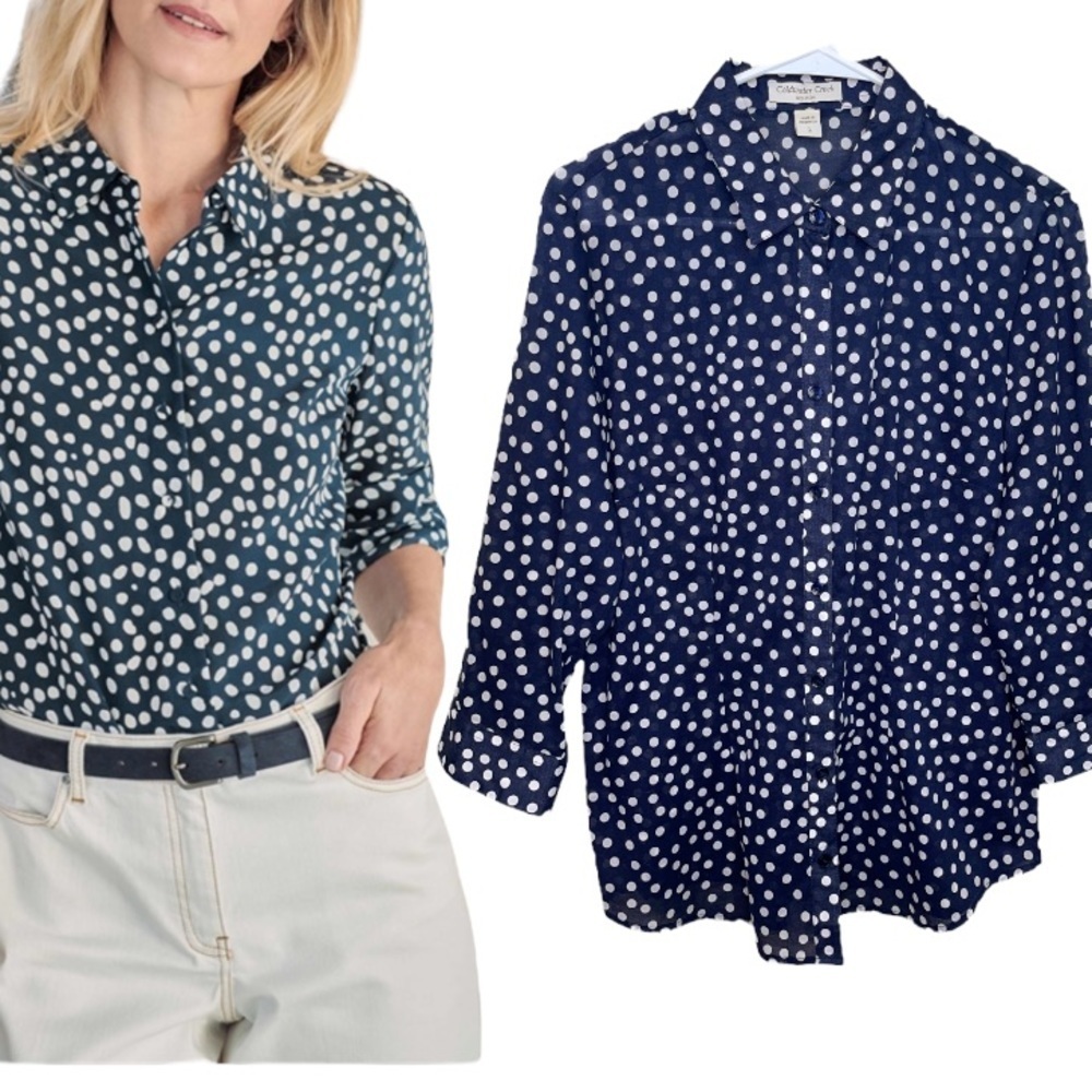 Coldwater Creek No Iron Semi Sheer Button Down Blouse Navy White Dots
